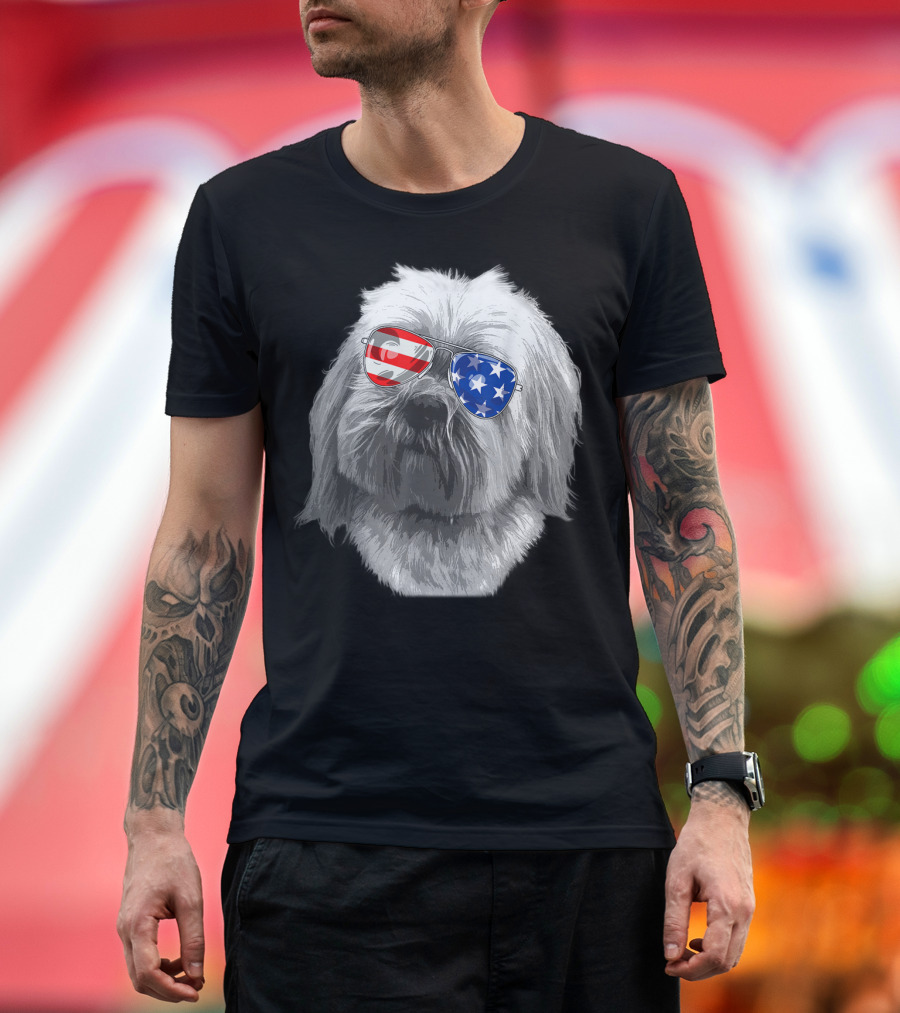 Vintage Lhasa Apso Dog with American Flag Sunglasses USA Glasses T-Shirt