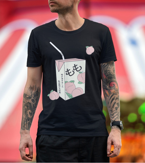 Premium T-Shirt: 90s Japanese Otaku Aesthetic Peach Juice Box with Japanese Text and Pastel Peaches T-Shirt 90s Japanese Otaku Aesthetic Peach Juice Box with Japanese Text and Pastel Peaches T-Shirt