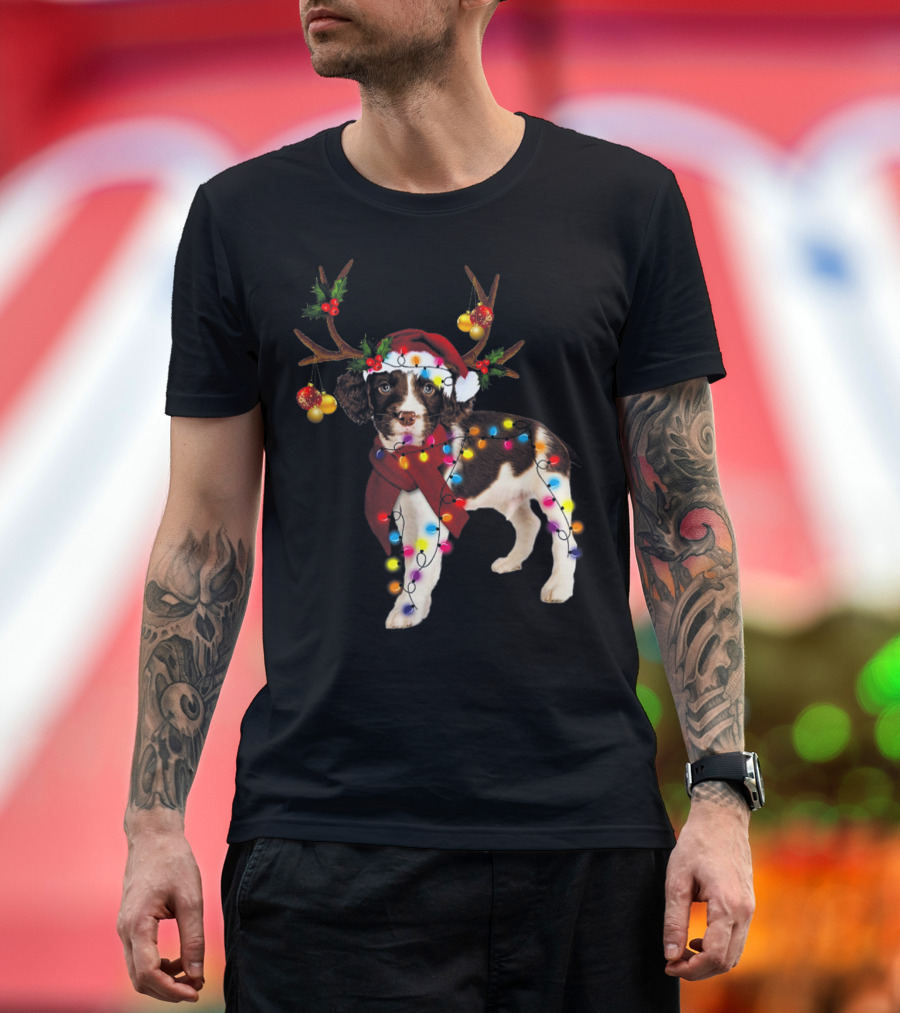Christmas Lights English Springer Spaniel Dog with Santa Hat and Reindeer Antlers T-Shirt