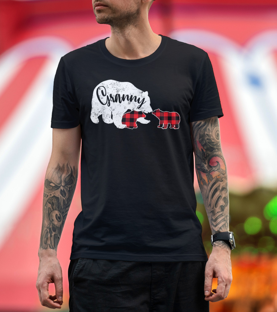 Granny Bear Red Plaid Two Cubs T-Shirt
