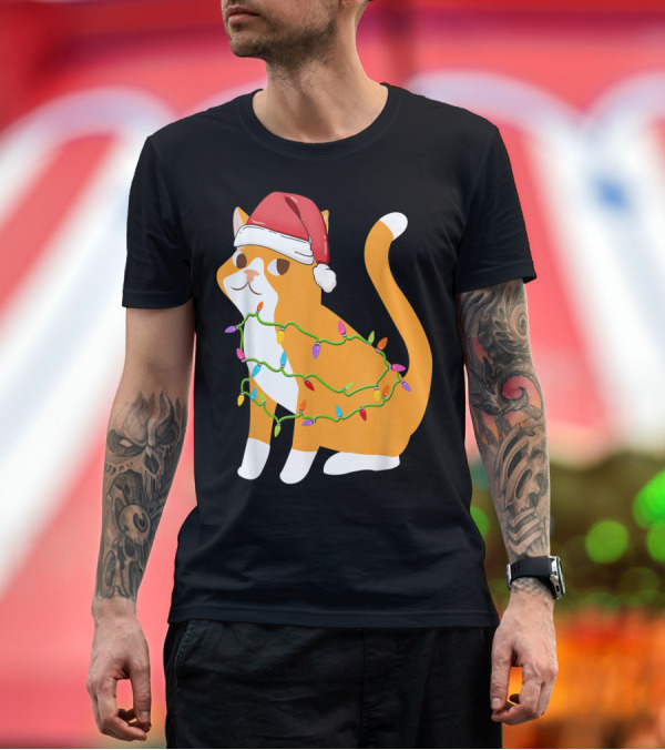 Premium T-Shirt: Cats Tree Christmas Xmas Pet Santa Hat Lights T-Shirt Cats Tree Christmas Xmas Pet Santa Hat Lights T-Shirt