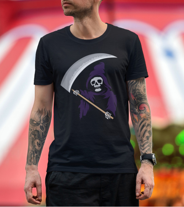 Premium T-Shirt: Grim Reaper Cute Halloween Dark Humor Skeleton Scythe Purple Hood T-Shirt Grim Reaper Cute Halloween Dark Humor Skeleton Scythe Purple Hood T-Shirt
