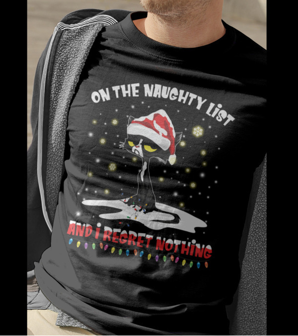 On The Naughty List Cat Santa Hat Regret Nothing Holiday Lights T-Shirt
