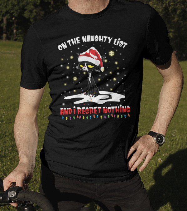 On The Naughty List Cat Santa Hat Regret Nothing Holiday Lights T-Shirt