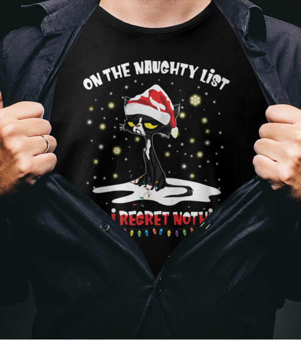 On The Naughty List Cat Santa Hat Regret Nothing Holiday Lights T-Shirt