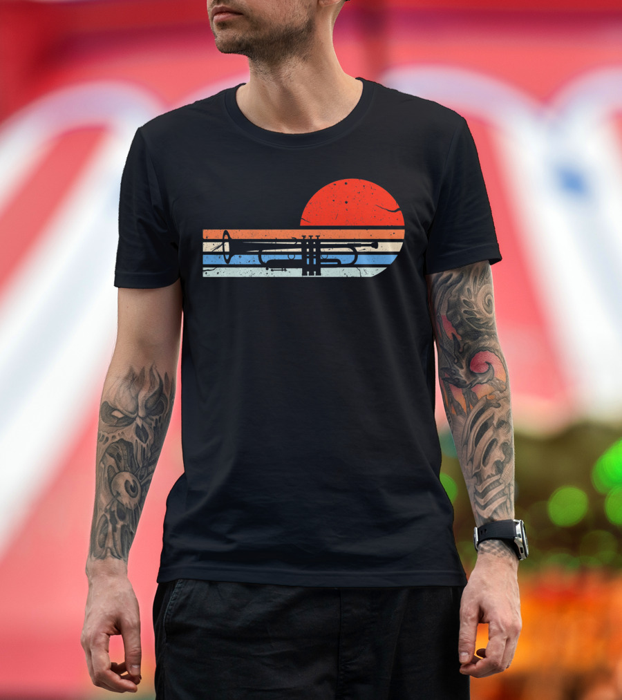 Retro Trumpet Musician Marching With Vintage Sunset T-Shirt