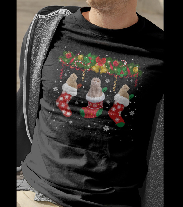 SCOTTISH FOLD CAT CHRISTMAS SOCK SNOWFLAKES AND BELLS HOLIDAY FUN T-Shirt