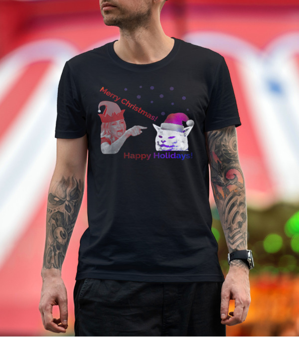 Premium T-Shirt: Merry Christmas Happy Holidays Woman Arguing with White Cat T-Shirt Merry Christmas Happy Holidays Woman Arguing with White Cat T-Shirt