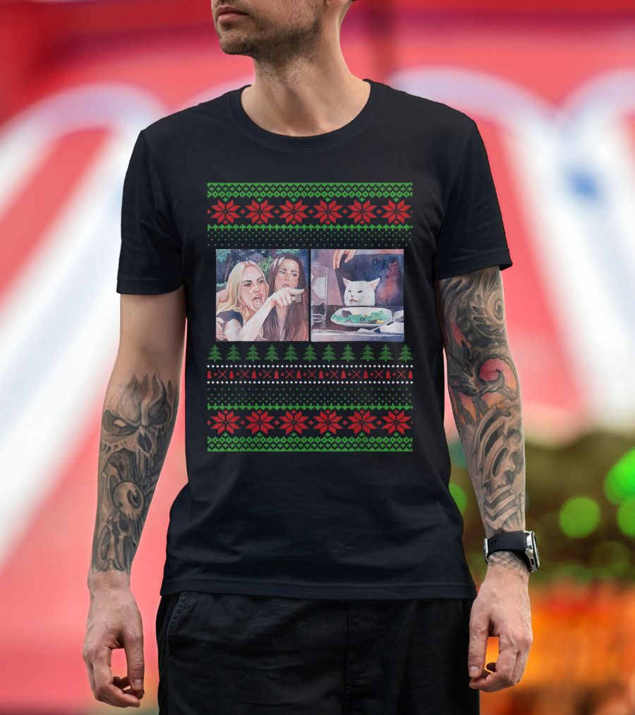 Woman Yelling at Cat Meme Christmas Sweater Ugly Holiday Print T-Shirt