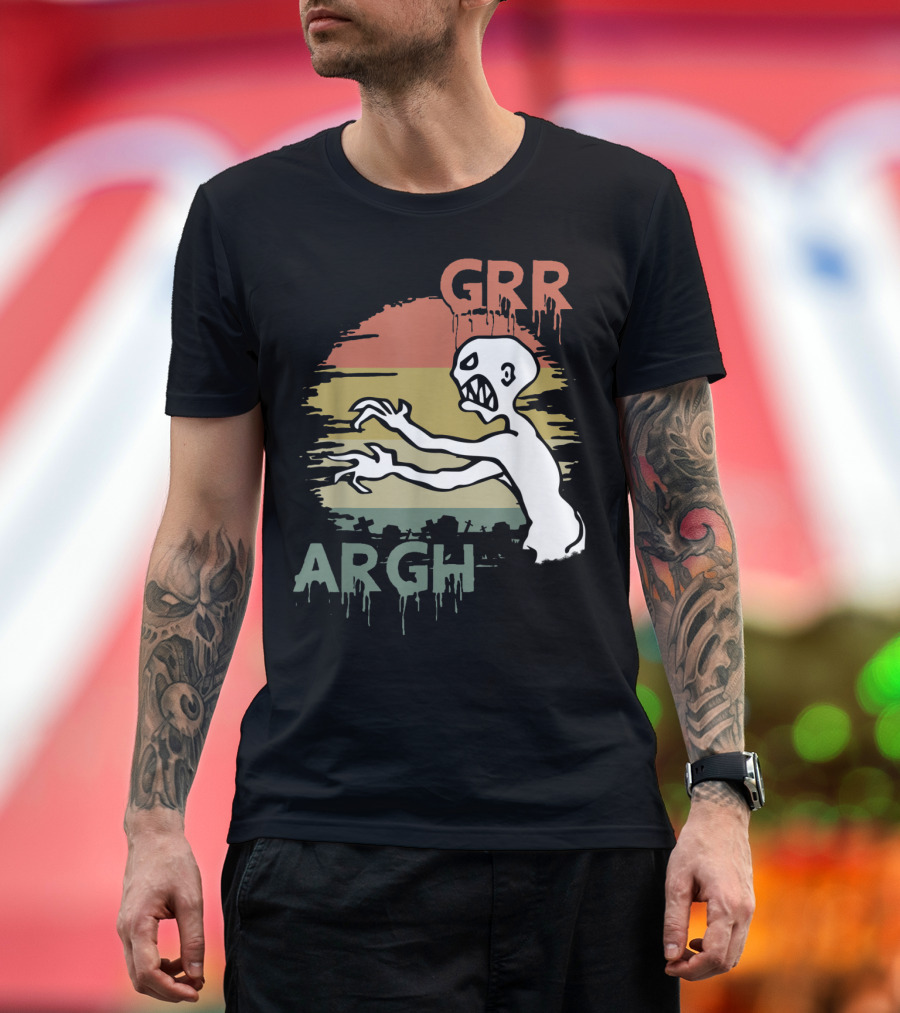 Mutant Enemy Zombie Grr Argh Monster with Retro Sunset Background T-Shirt