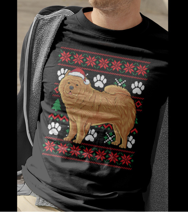 Chow Chow Santa Hat Ugly Christmas With Paw Prints And Snowflakes T-Shirt