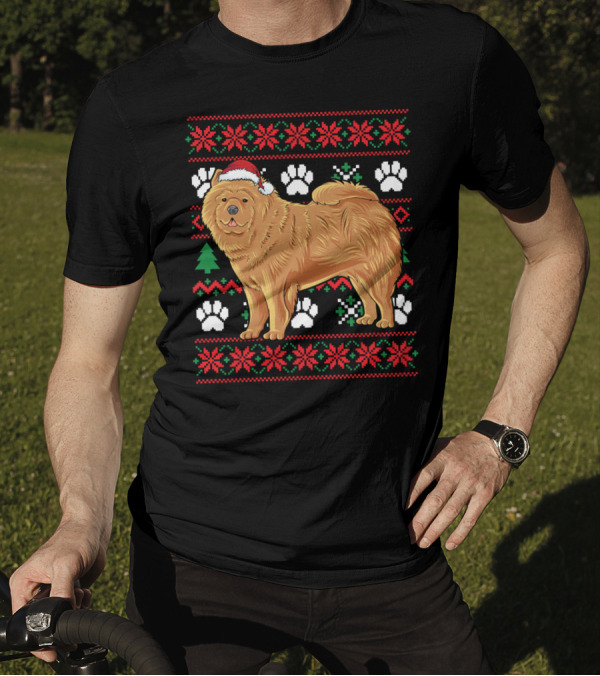 Chow Chow Santa Hat Ugly Christmas With Paw Prints And Snowflakes T-Shirt