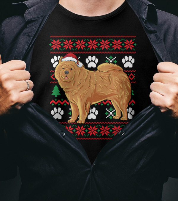 Chow Chow Santa Hat Ugly Christmas With Paw Prints And Snowflakes T-Shirt