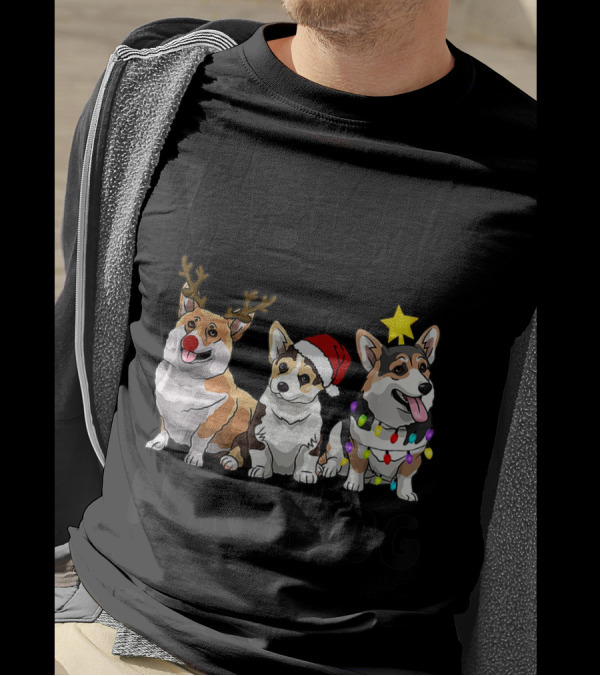 Feliz Navidog Corgi Trio With Reindeer Antlers Santa Hat And Christmas Lights T-Shirt