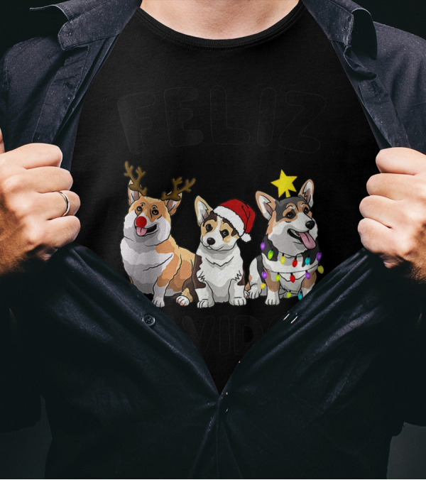 Feliz Navidog Corgi Trio With Reindeer Antlers Santa Hat And Christmas Lights T-Shirt