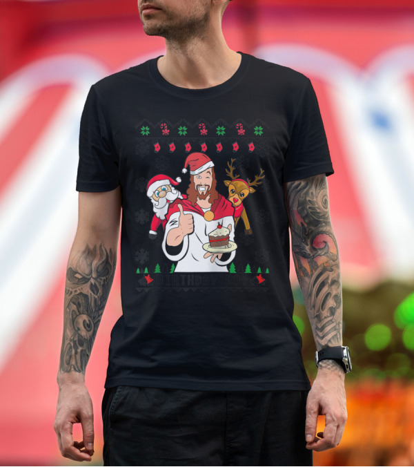 Premium T-Shirt: Birthday Boy Jesus Santa Claus Reindeer Christmas Cake T-Shirt Birthday Boy Jesus Santa Claus Reindeer Christmas Cake T-Shirt