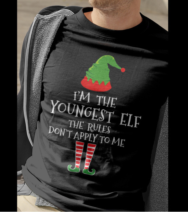 I'm The Youngest Elf The Rules Don't Apply To Me Green Hat Striped Stockings T-Shirt