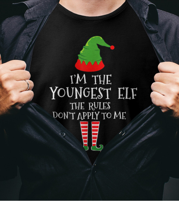 I'm The Youngest Elf The Rules Don't Apply To Me Green Hat Striped Stockings T-Shirt
