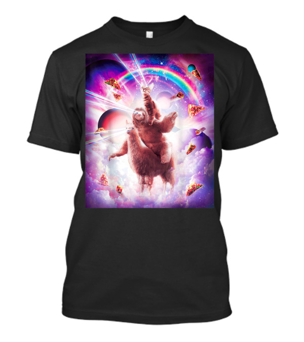 Laser Eyes Space Cat Pizza Rainbow Universe Sloth Riding Llama Adventure T-Shirt