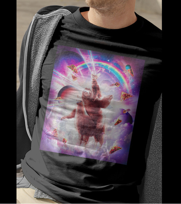Laser Eyes Space Cat Pizza Rainbow Universe Sloth Riding Llama Adventure T-Shirt