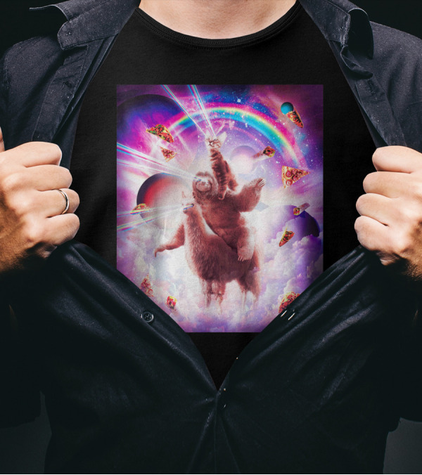Laser Eyes Space Cat Pizza Rainbow Universe Sloth Riding Llama Adventure T-Shirt