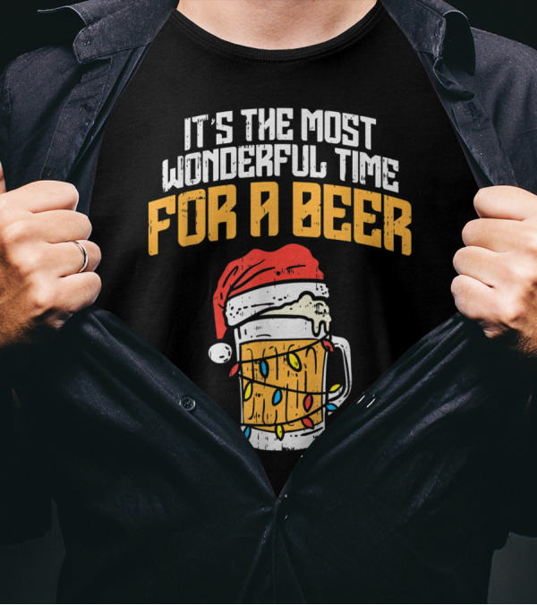 It's The Most Wonderful Time For A Beer Santa Hat Christmas Lights T-Shirt
