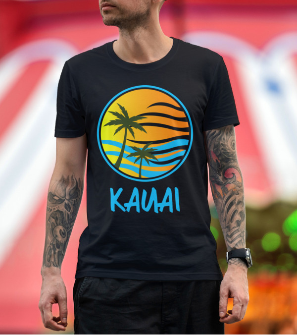 Premium T-Shirt: Kauai Vintage Stylish Island Palms with Sunset Waves T-Shirt Kauai Vintage Stylish Island Palms with Sunset Waves T-Shirt