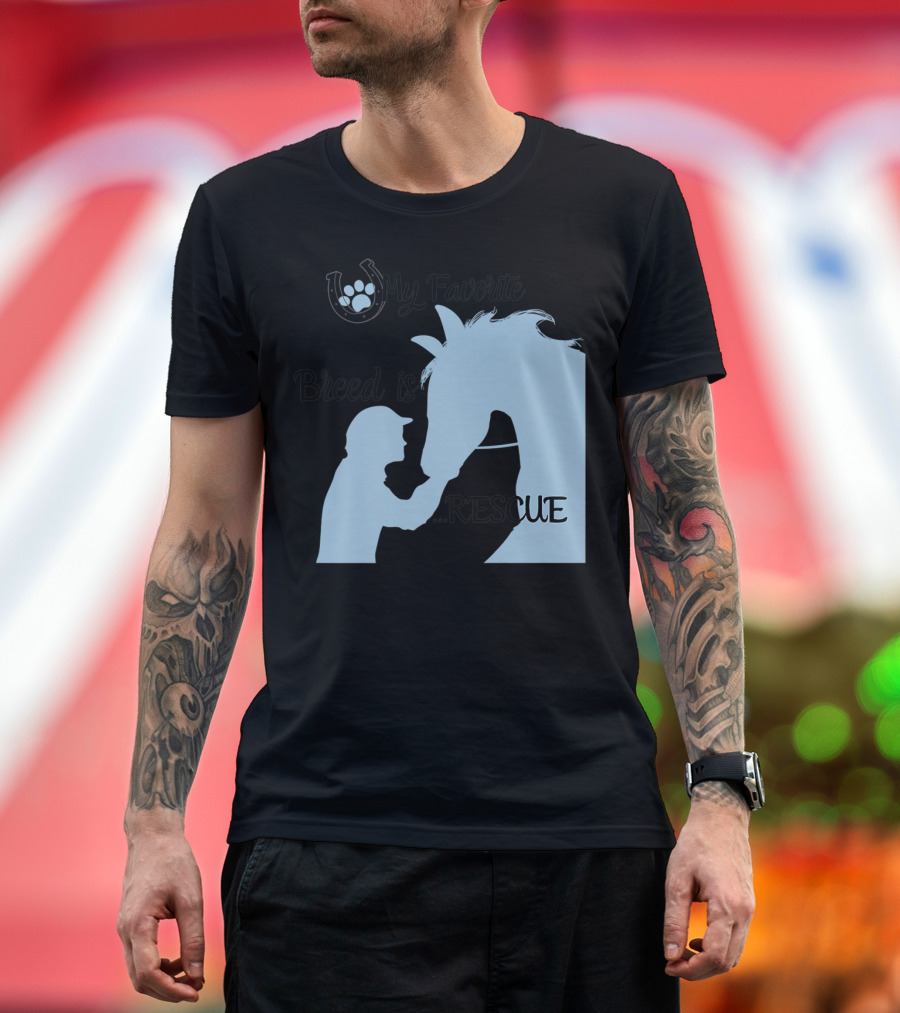 My Favorite Breed is Rescue Silhouette of Human and Horse with Paw Print Horseshoe T-Shirt