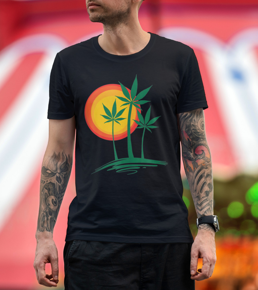 Beautiful Marijuana Weed Palm Tree Sunset Paradise T-Shirt