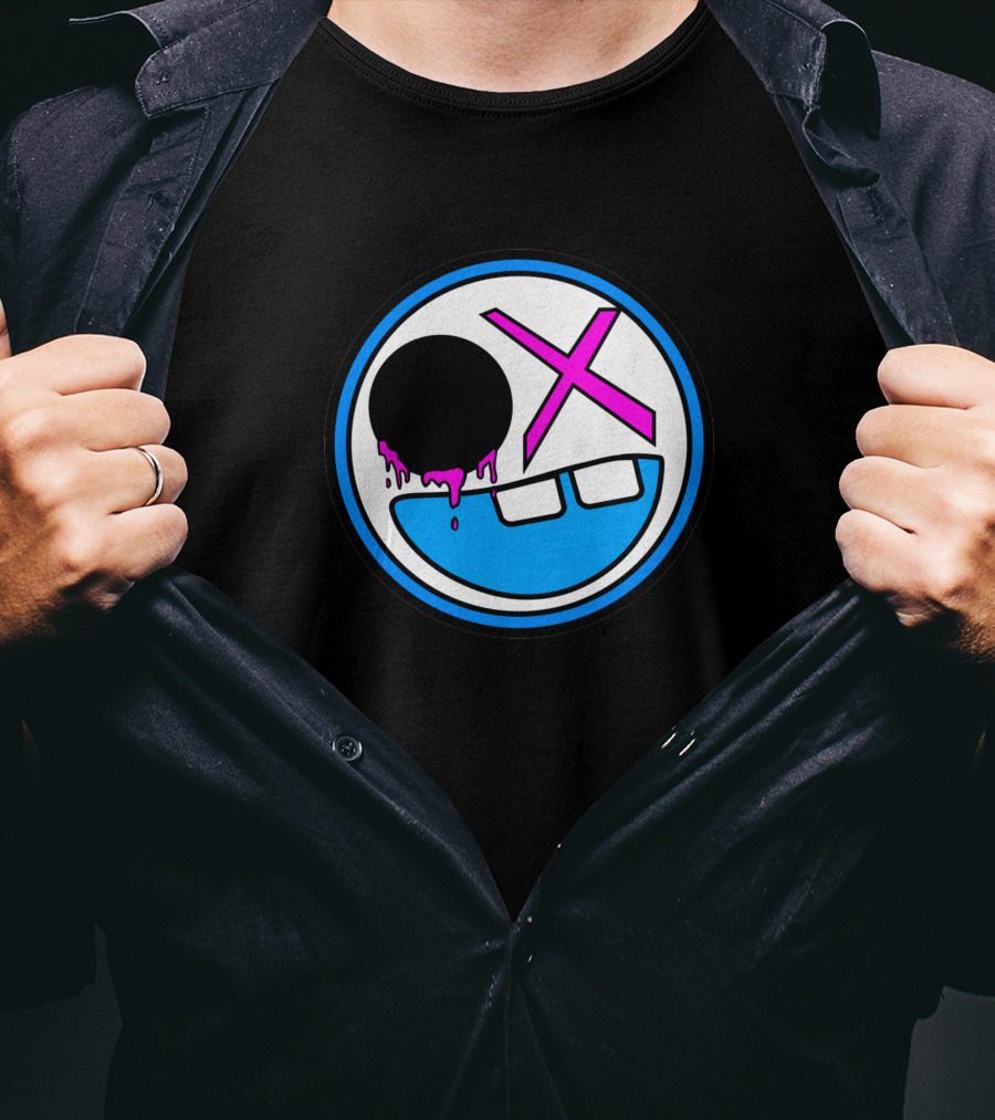 8Sided Smile Emoticon With Dripping Black Circle And Pink X Eyes T-Shirt