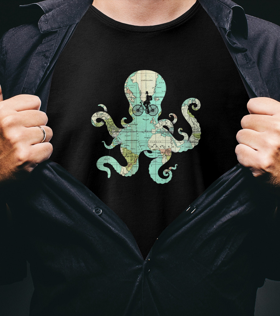 All Around The World Map Octopus Bicycle Ocean Adventure 1740365 T-Shirt