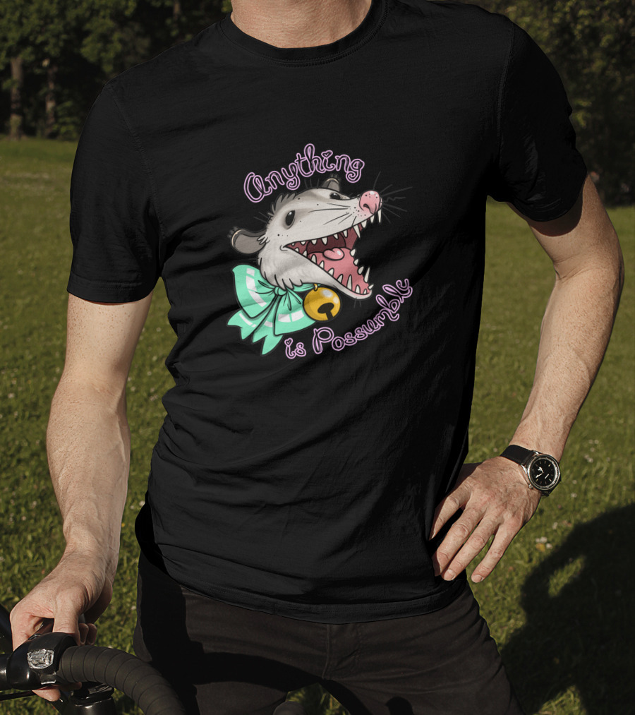 Anything Is Possumble Cute Cartoon Opossum With Bow And Bell T-Shirt
