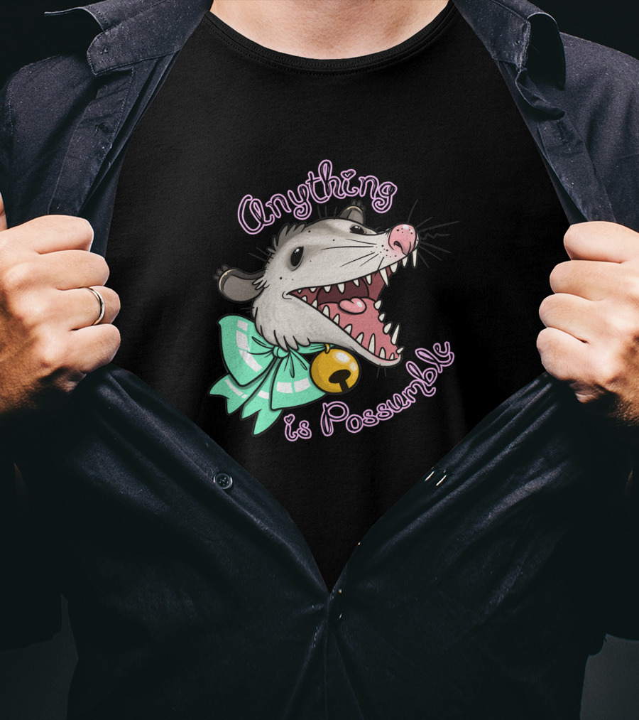 Anything Is Possumble Cute Cartoon Opossum With Bow And Bell T-Shirt