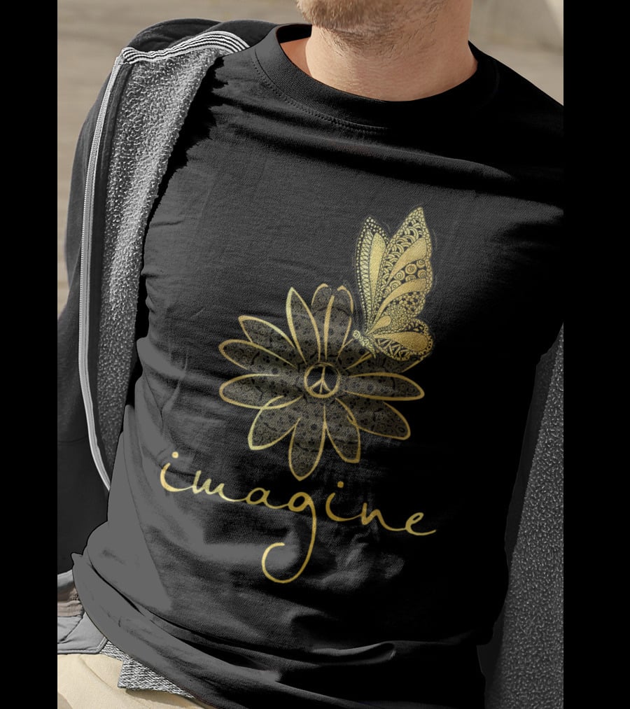 Imagine Flower Butterfly Peace Mandala T-Shirt
