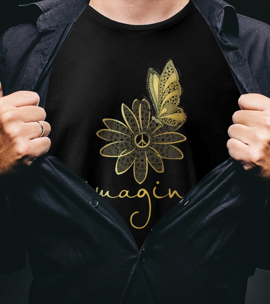 Imagine Flower Butterfly Peace Mandala T-Shirt