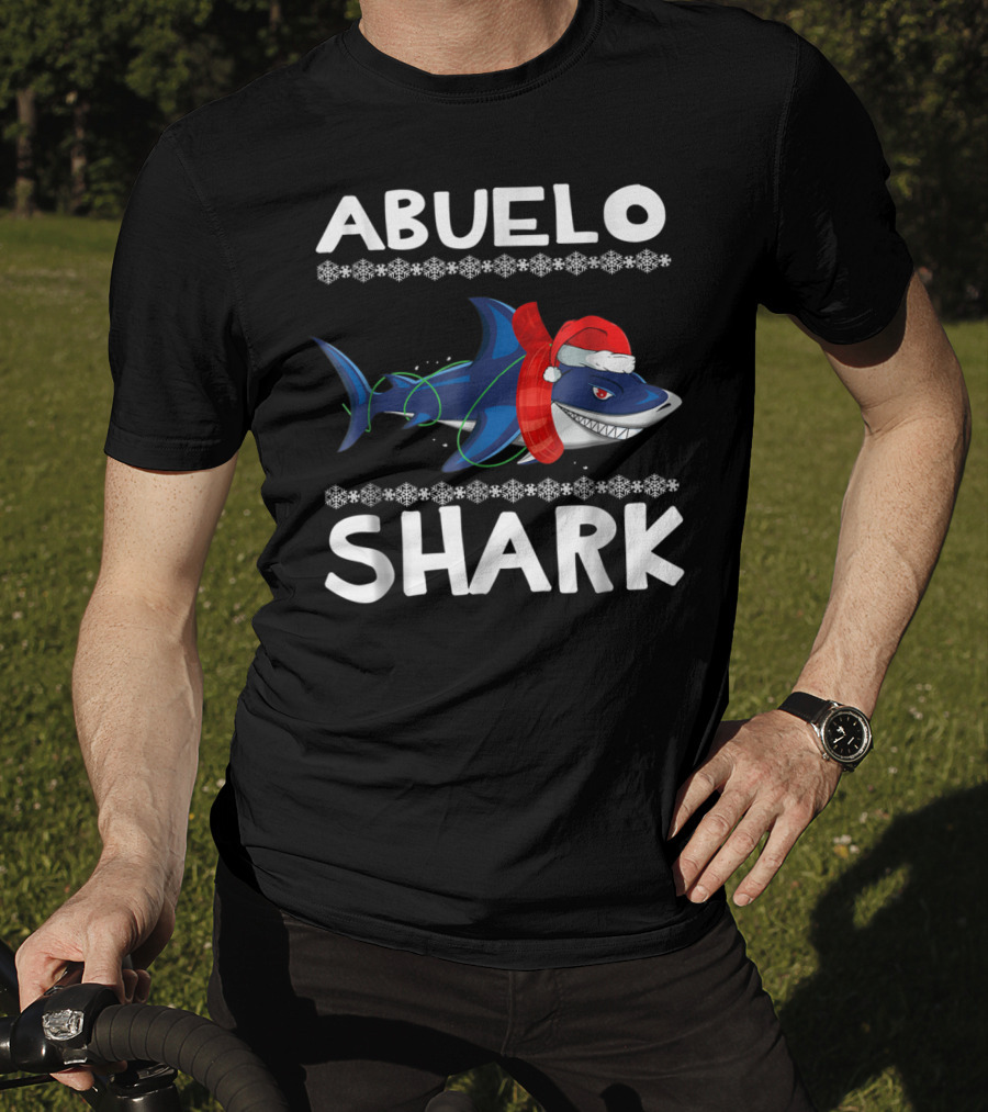 Abuelo Shark Christmas Family Sweater Santa Hat Snowflakes T-Shirt