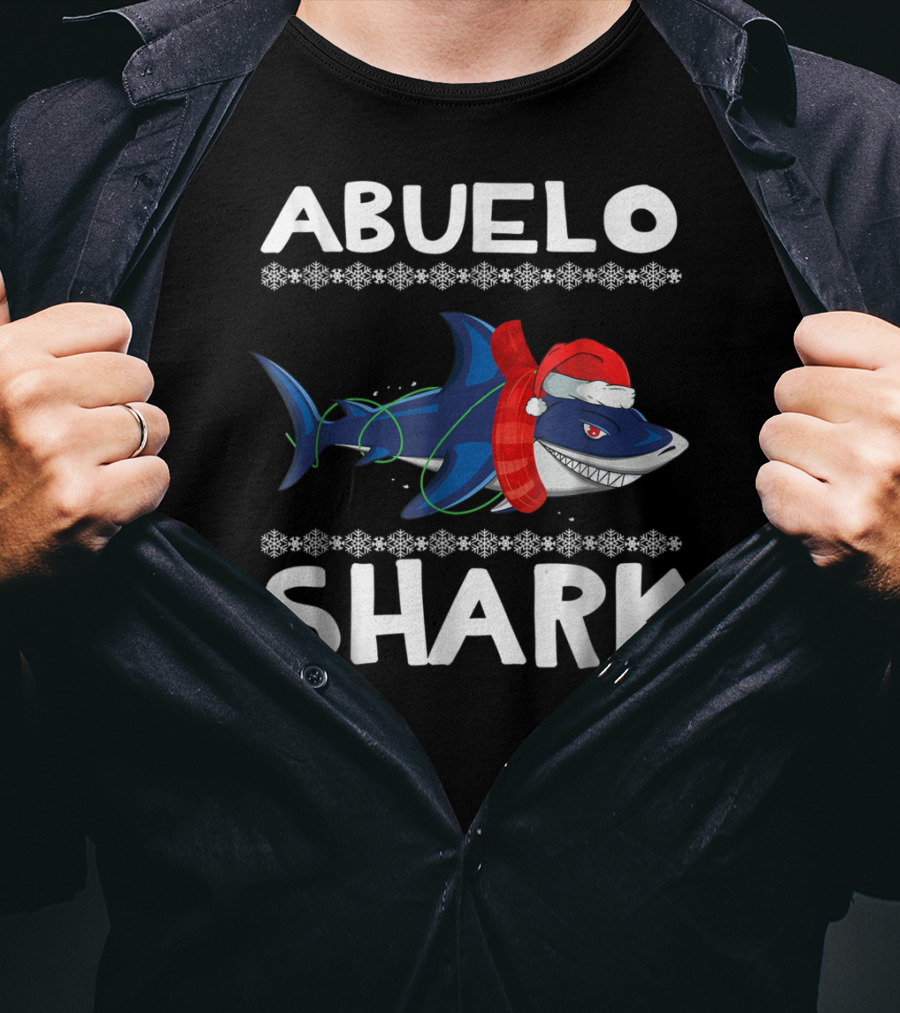 Abuelo Shark Christmas Family Sweater Santa Hat Snowflakes T-Shirt