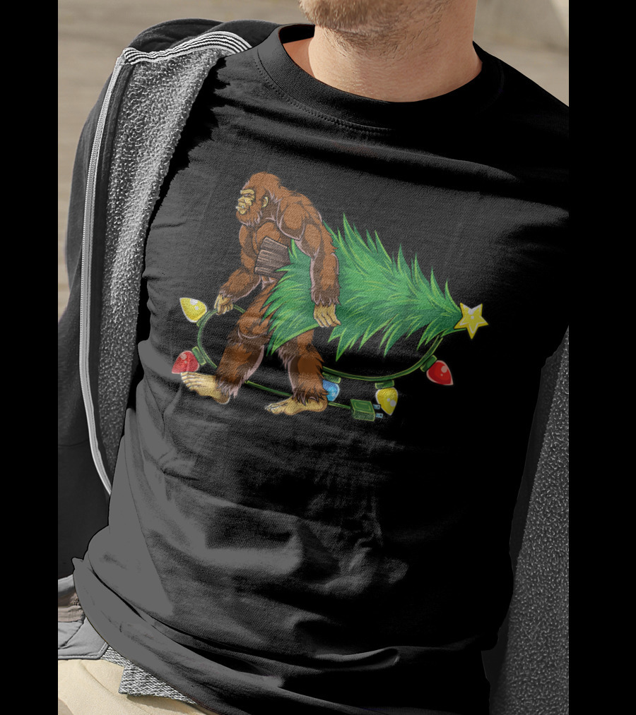 Bigfoot Sasquatch Christmas Tree With Lights Santa4 T-Shirt