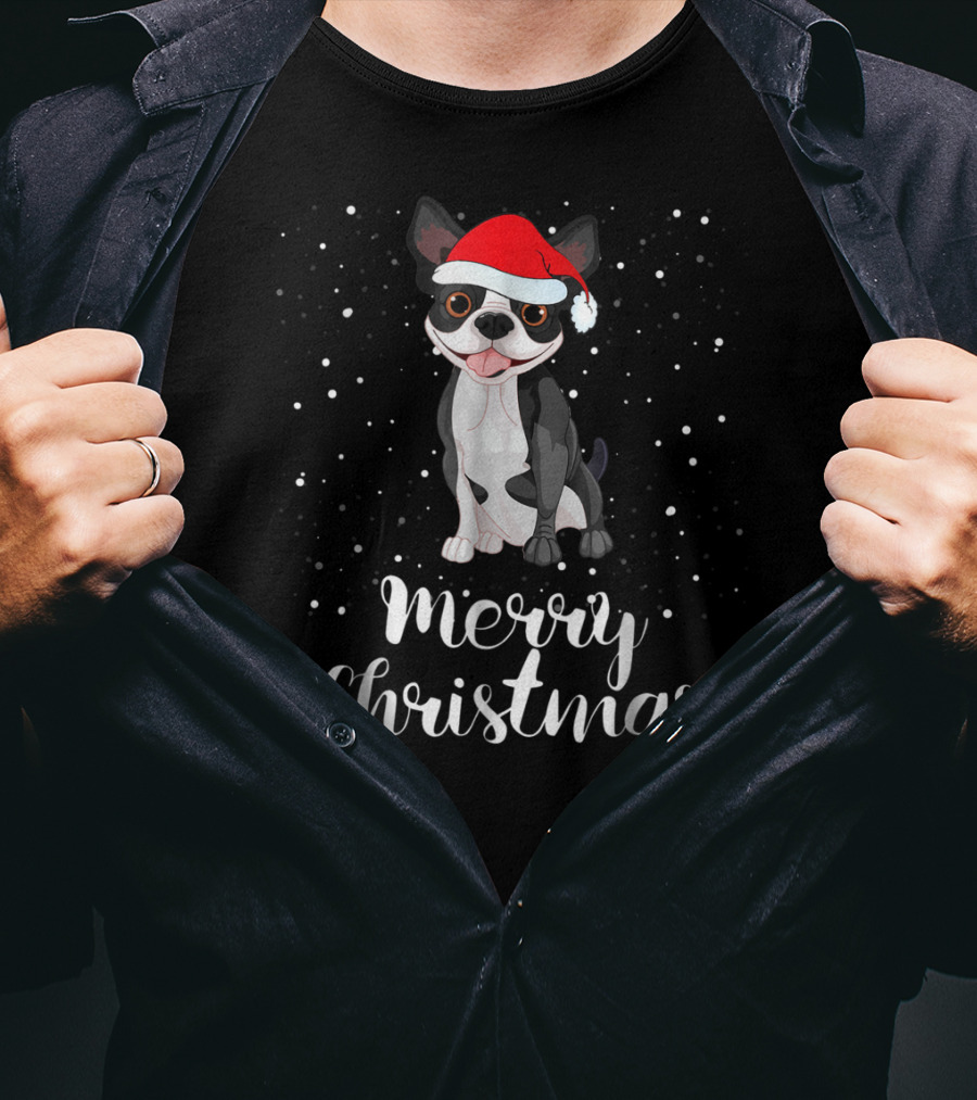Merry Christmas Boston Terrier Santa Hat Matching Family Group T-Shirt