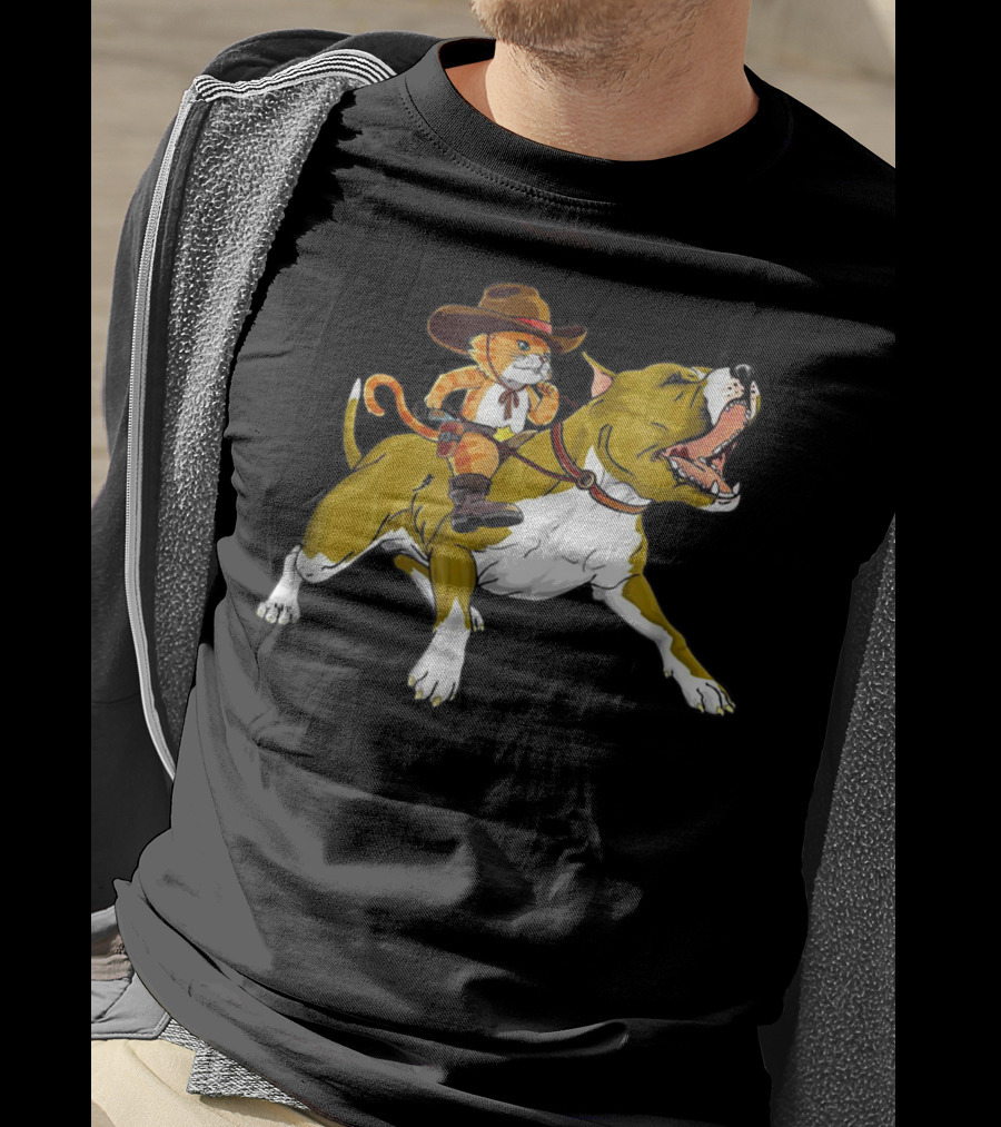 Cat Riding Pitbull Funny Kitty Kitten Cowboy Hat Gif16 T-Shirt