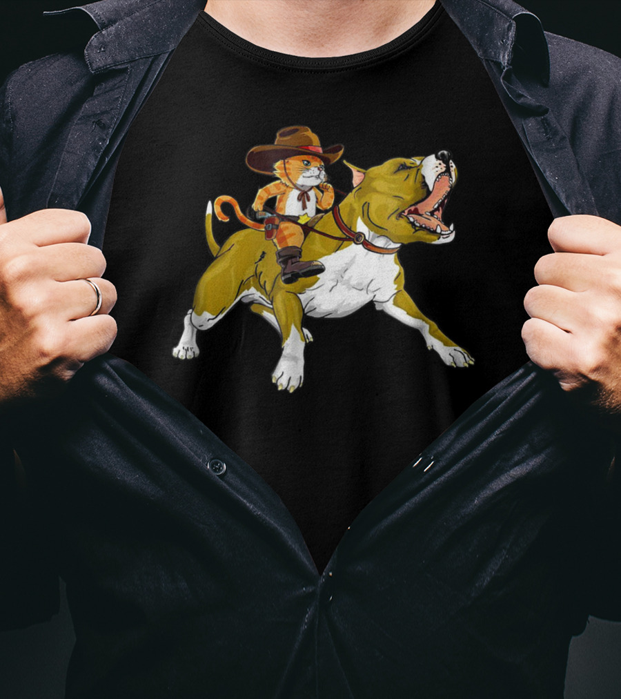 Cat Riding Pitbull Funny Kitty Kitten Cowboy Hat Gif16 T-Shirt