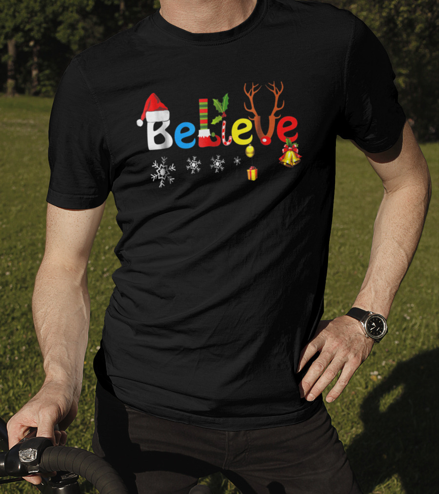 Believe Funny Christmas Santa Elf Reindeer Holiday Icons T-Shirt