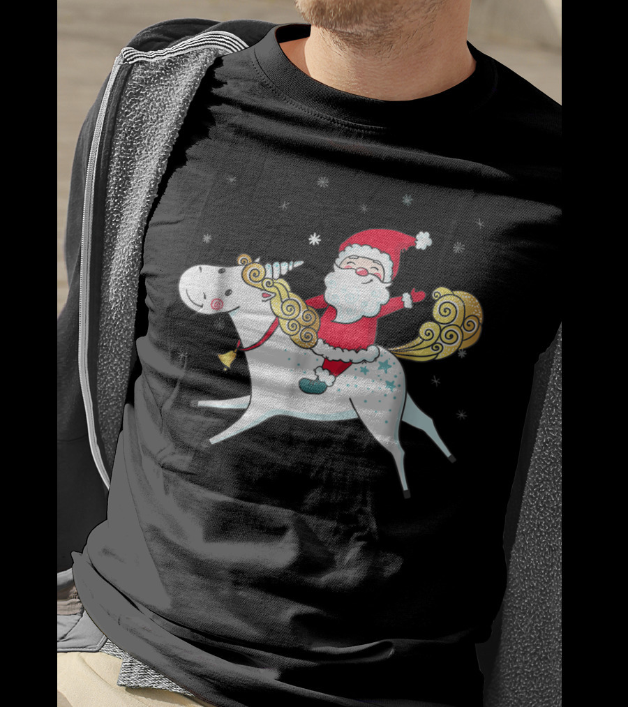 Funny Santa Claus Riding A Unicorn Christmas Noel T-Shirt