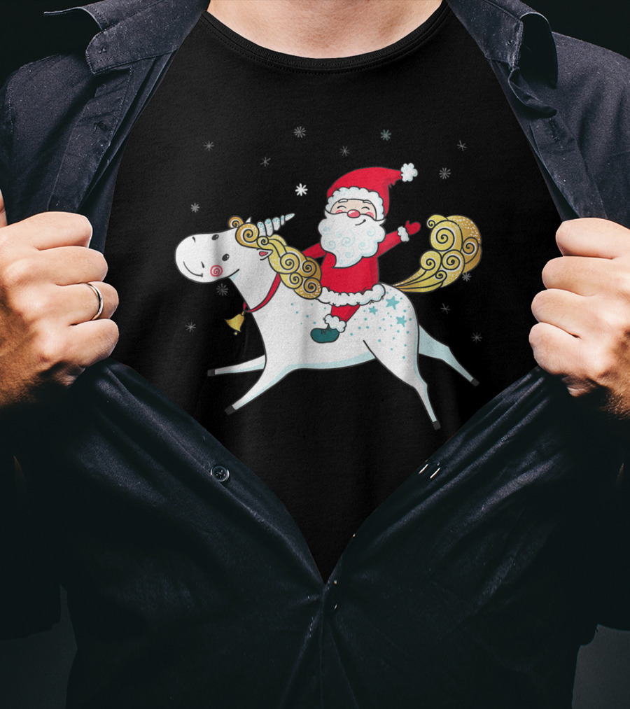 Funny Santa Claus Riding A Unicorn Christmas Noel T-Shirt