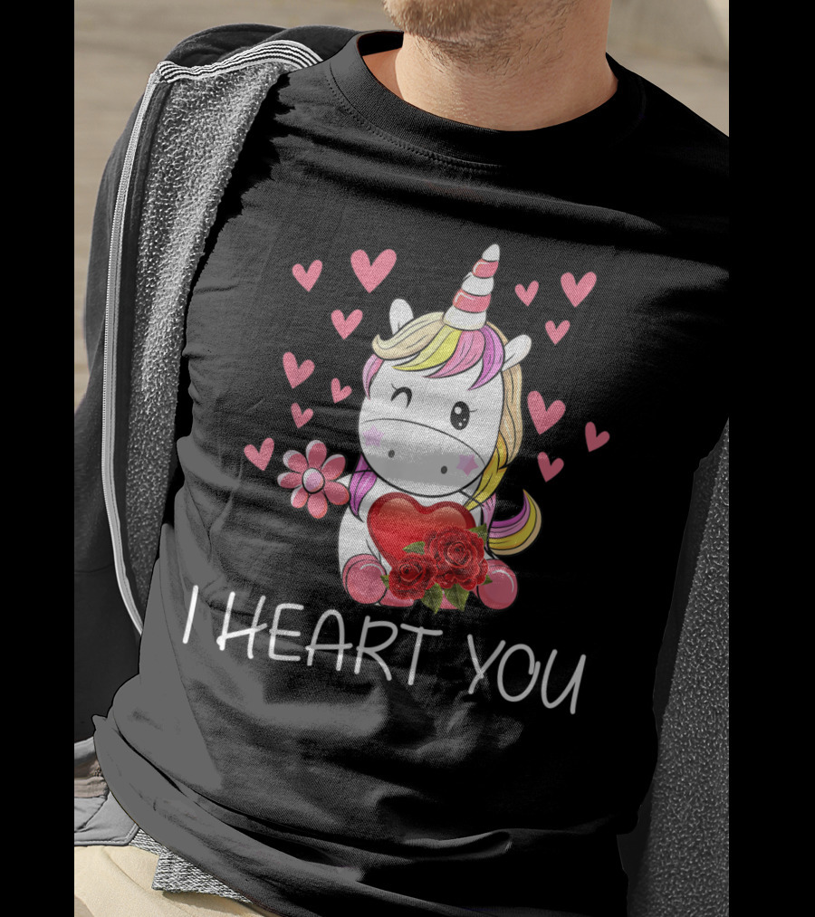 Girls Cute Unicorn I Heart You Valentines Day Hearts Roses T-Shirt