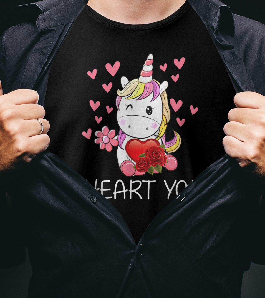 Girls Cute Unicorn I Heart You Valentines Day Hearts Roses T-Shirt