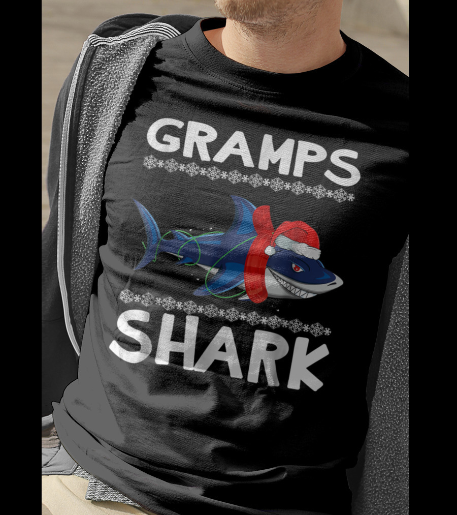 Gramps Shark Ugly Christmas Family Santa Hat And Scarf Snowflakes T-Shirt