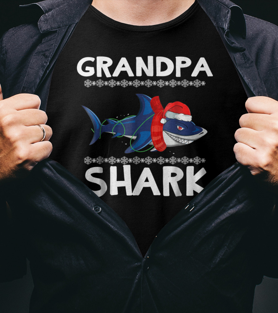Grandpa Shark Christmas With Santa Hat And Holiday Lights T-Shirt