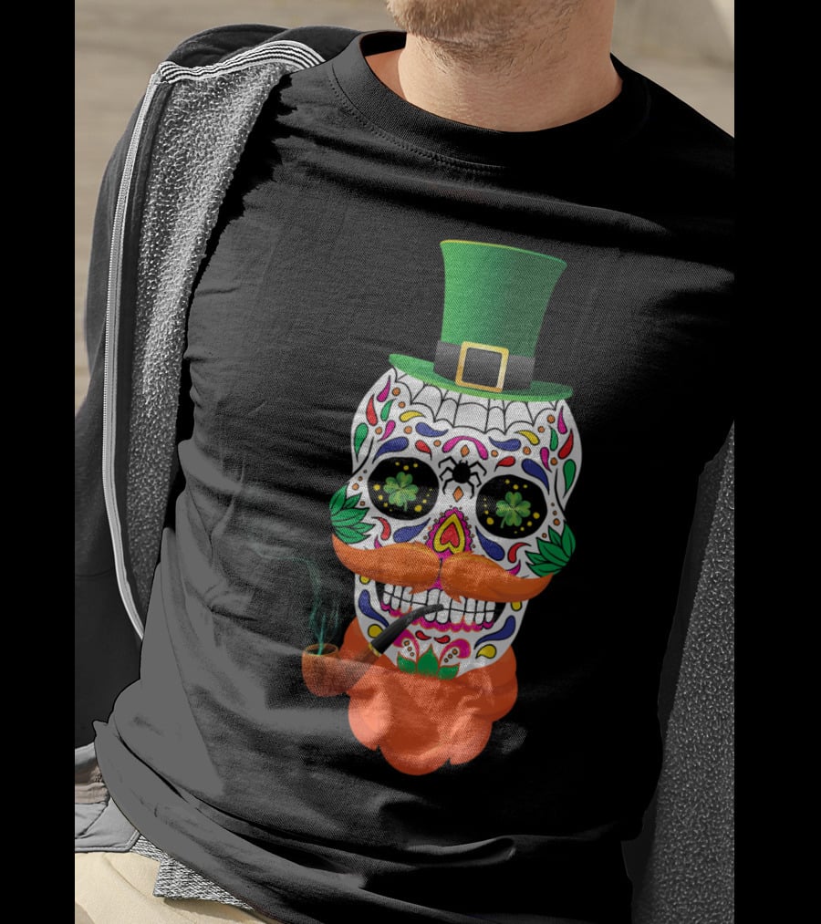 Irish Sugar Skull Leprechaun St Patricks Day Clover Pipe Hat Colorful T-Shirt