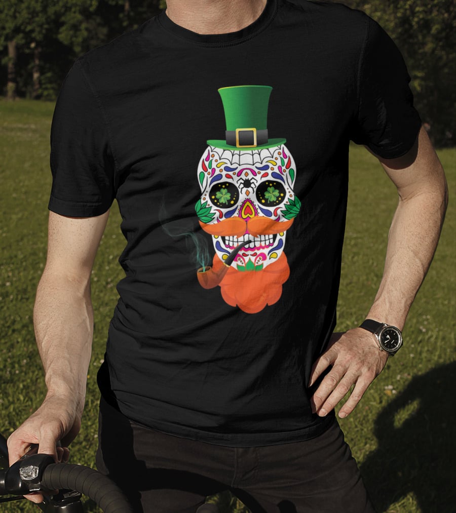 Irish Sugar Skull Leprechaun St Patricks Day Clover Pipe Hat Colorful T-Shirt